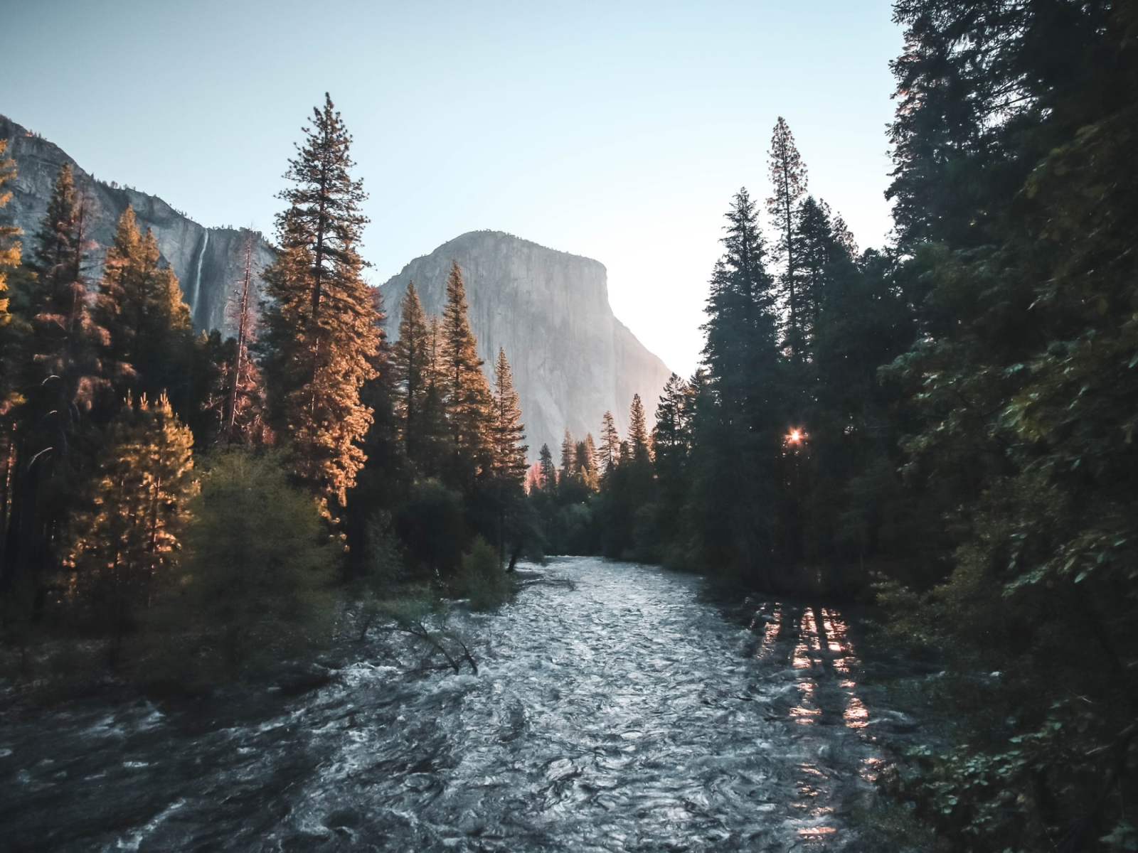 A river flows between towering pine trees as sunlight pierces the forest, casting golden tones. In the background, a massive mountain stands like a silent guardian. This image captures nature’s serene power and the perfect balance between water, rock, and light. A majestic and peaceful landscape to admire and reflect on.